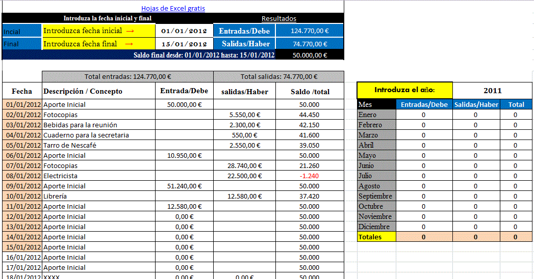 Fragua infancia Cívico Hoja de Excel Entradas-Salidas / Debe-Haber | Excel Gratis