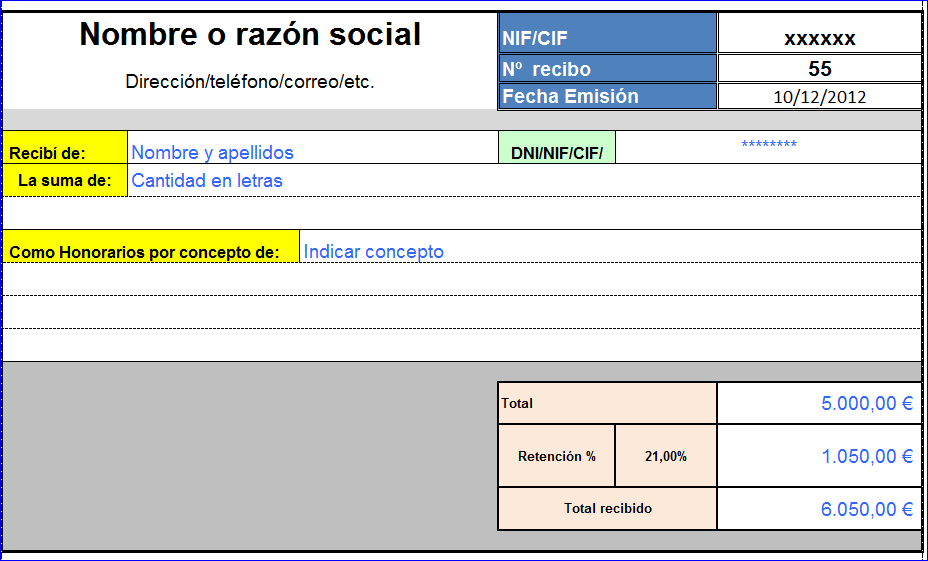 Modelo recibo | Excel Gratis