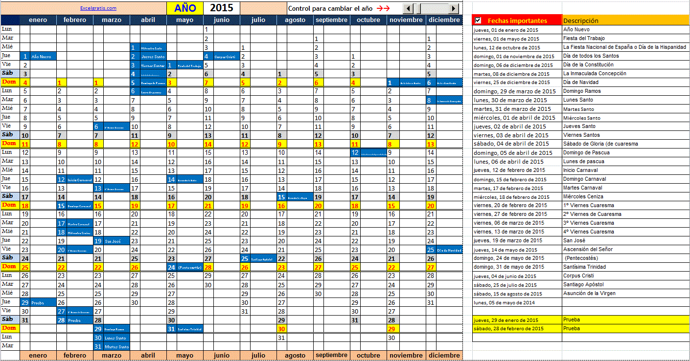 Calendario horizontal Excel Gratis