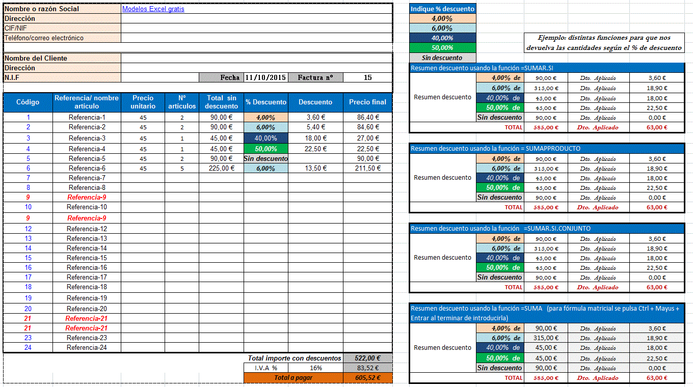 Plantillas descuento en hoja de excel | Excel Gratis