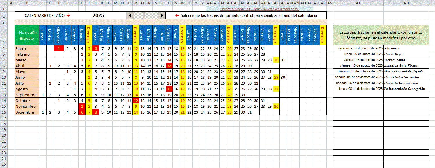 Plantilla de calendario mensual horizontal | Excel Gratis