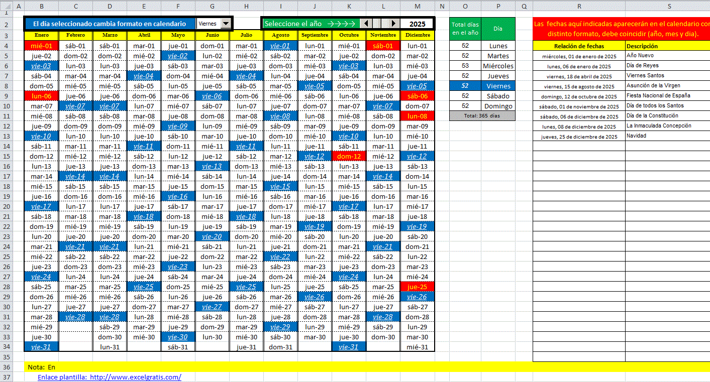 Plantilla calendario con selección del día | Excel Gratis