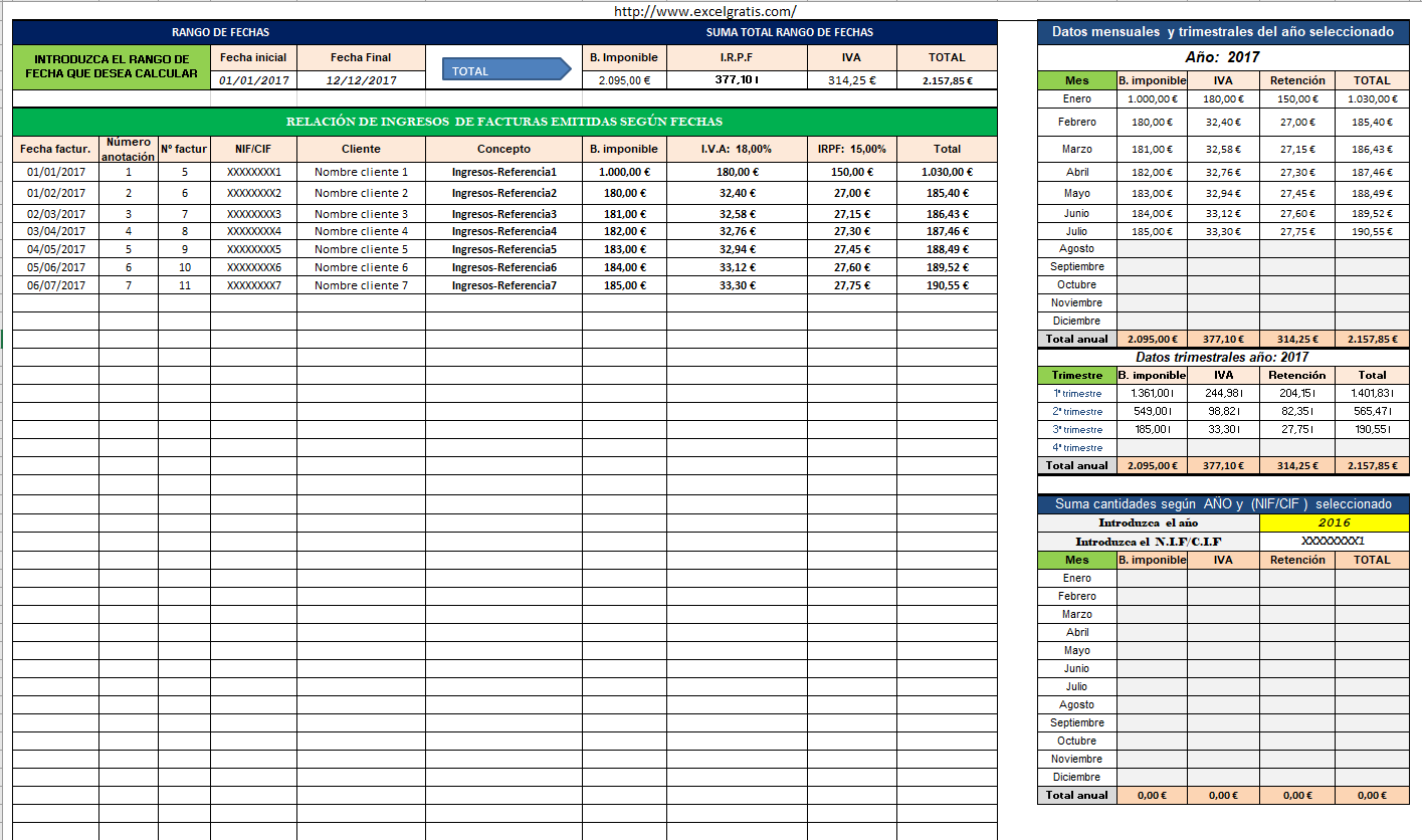 Hacer Factura En Excel Plantilla suma cantidades de facturas autónomos con IVA e IRPF | Excel  Gratis