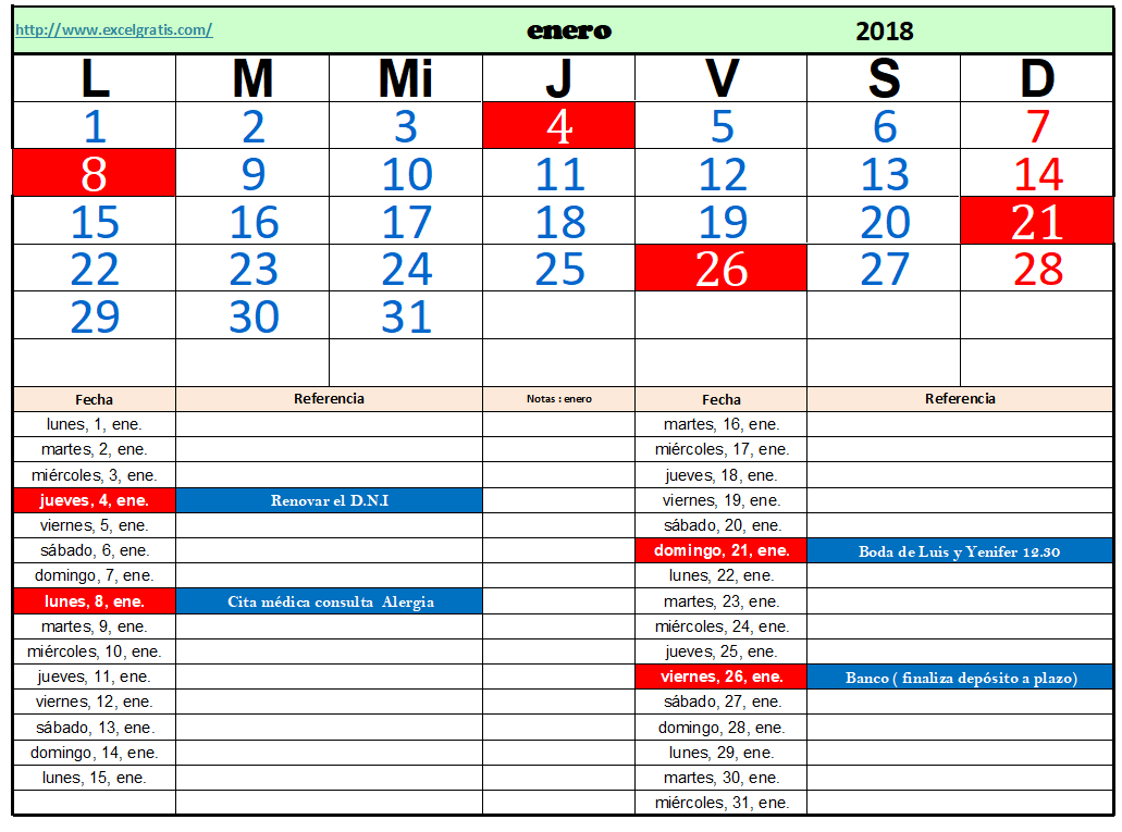 Calendario para el control de citas, eventos, tareas, etc. | Excel Gratis