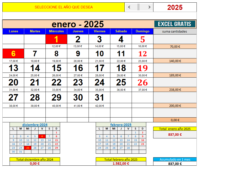 dedo índice Asistir Convención Plantilla Calendario anual con cantidades | Excel Gratis